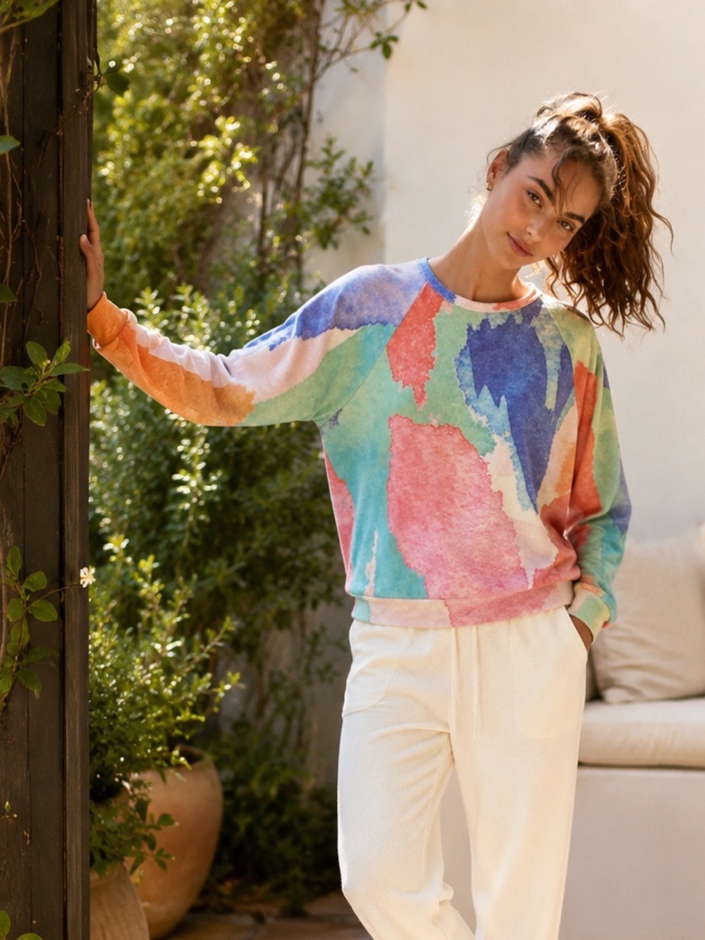 PJ Salvage Cozy Textured Watercolor Sweatshirt in Abstract Pastels, Size XS